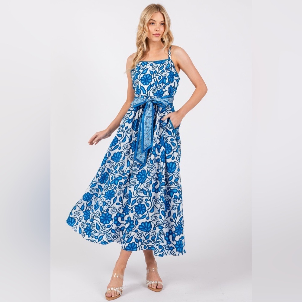 Current Air Blue and White Floral Midi Dress Crochet Accent Belted Pockets Small
